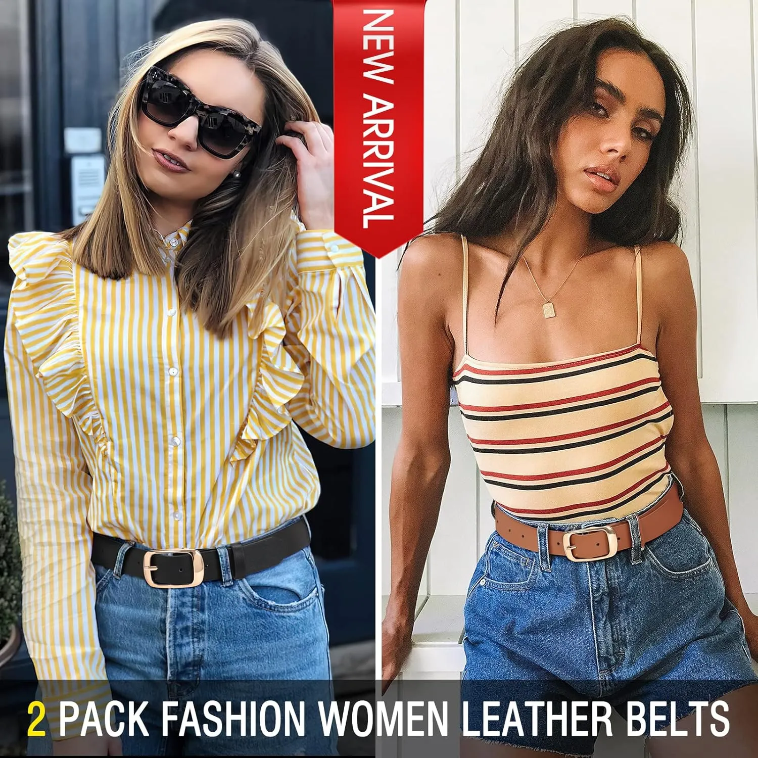 XZQTIVE 2 Pack Women Plus Size Leather Belts Fashion Cowhide Waist Belt with Solid Pin Buckle for Jeans Pants Dress