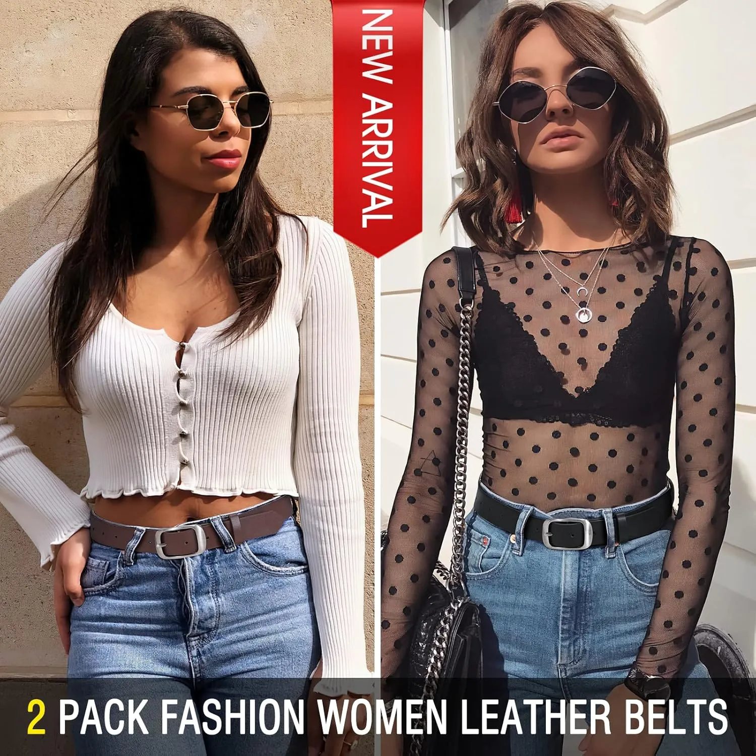 XZQTIVE 2 Pack Women Plus Size Leather Belts Fashion Cowhide Waist Belt with Solid Pin Buckle for Jeans Pants Dress