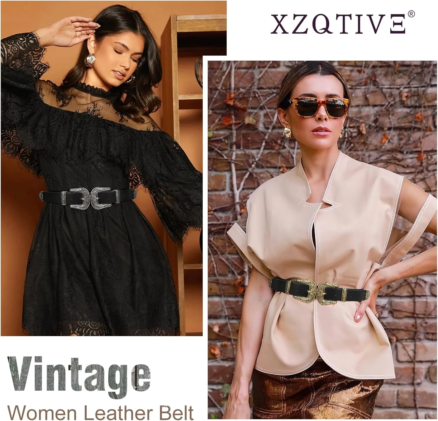 XZQTIVE Women Leather Belt Ladies Vintage Western Belt Retro Cowgirl Leather Belt Black Waist Belt for Pants Jeans Dresses