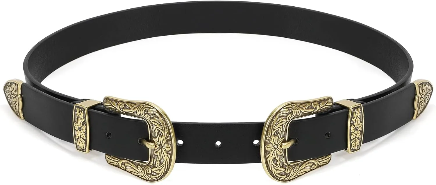 XZQTIVE Women Leather Belt Ladies Vintage Western Belt Retro Cowgirl Leather Belt Black Waist Belt for Pants Jeans Dresses