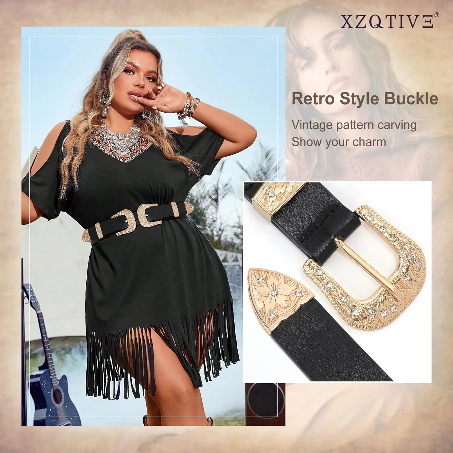 XZQTIVE Women Leather Belt Ladies Vintage Western Belt Retro Cowgirl Leather Belt Black Waist Belt for Pants Jeans Dresses