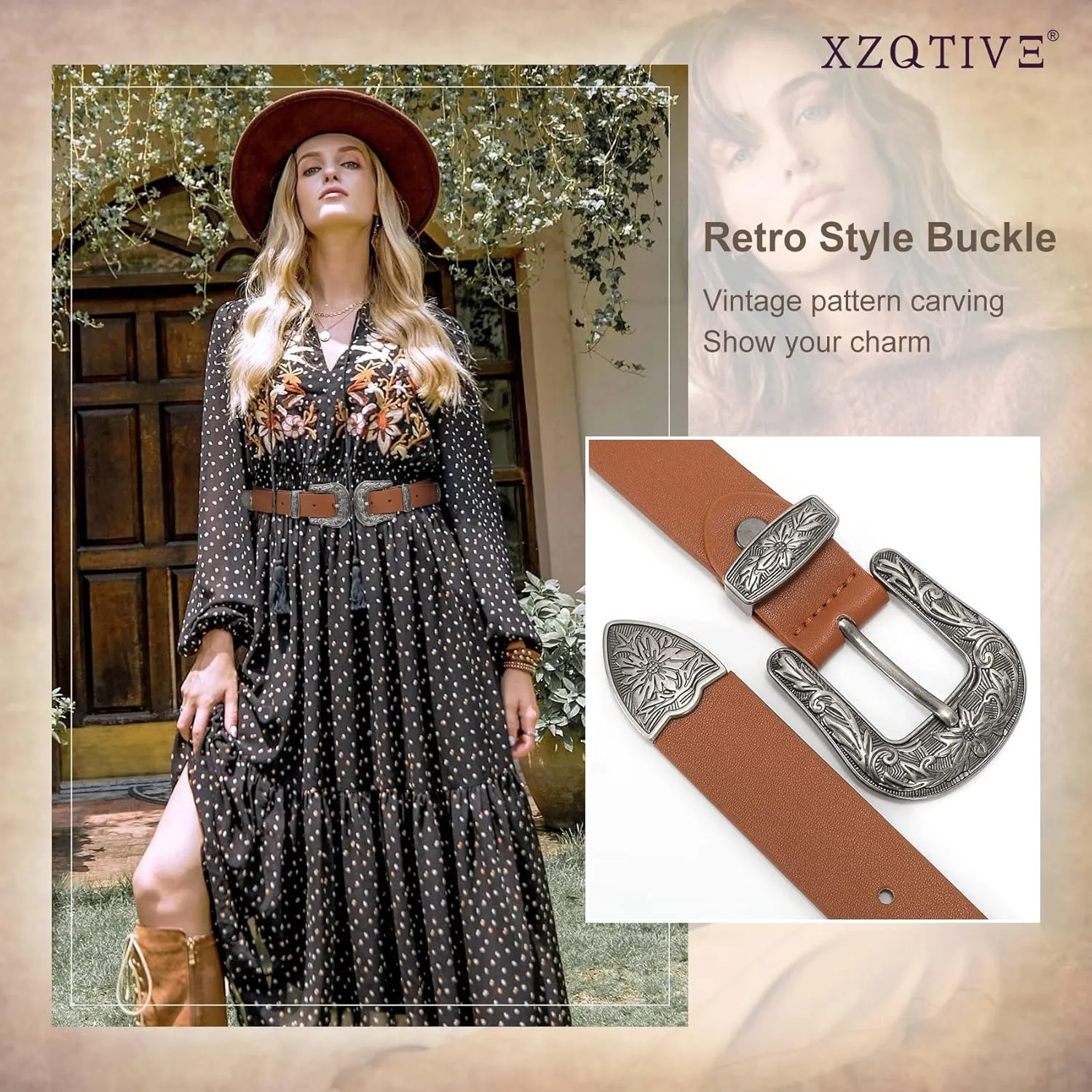 XZQTIVE Women Leather Belt Ladies Vintage Western Belt Retro Cowgirl Leather Belt Black Waist Belt for Pants Jeans Dresses