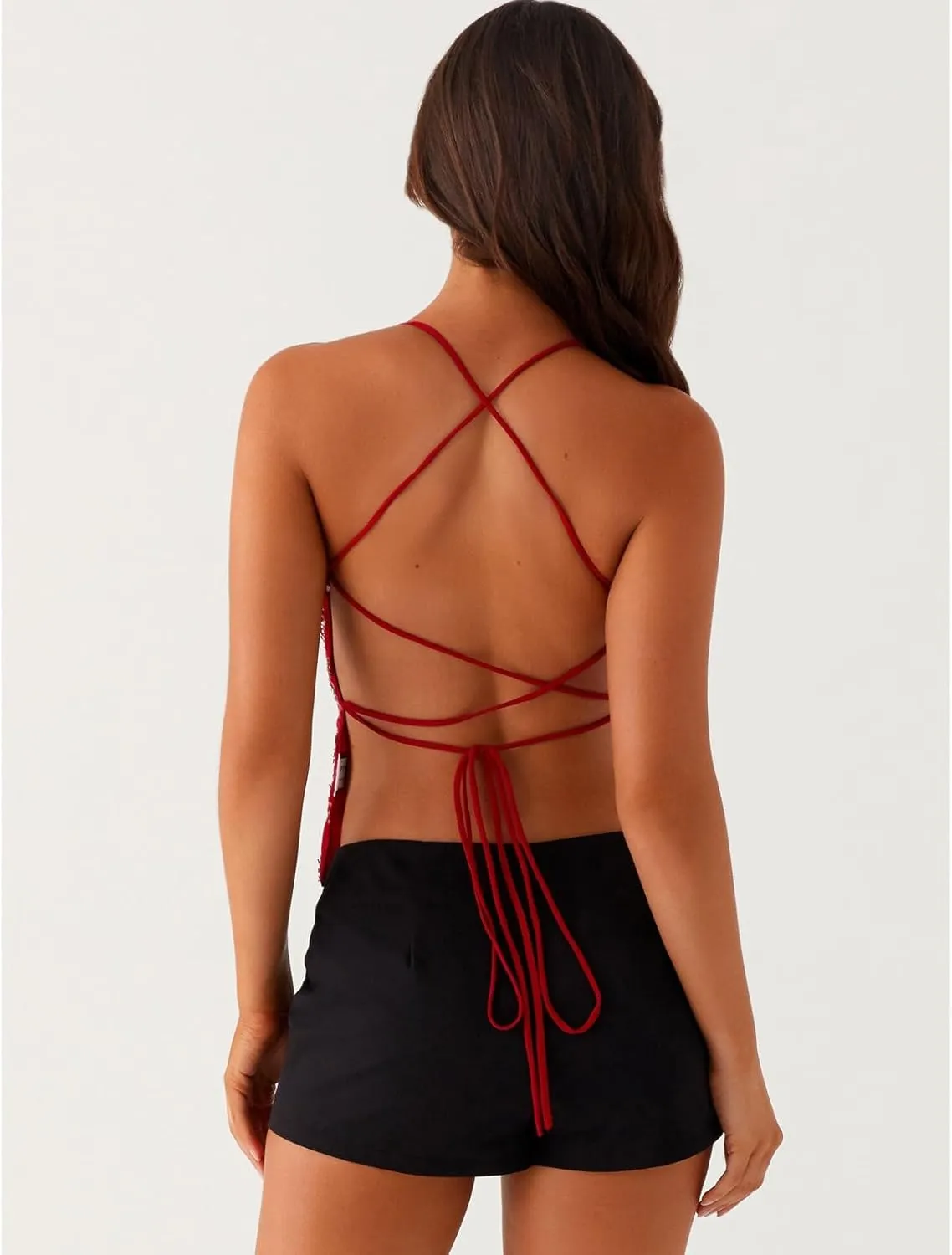 Y2k Summer Sequin Tank Tops for Women Sexy Sparkle V Neck Shirt Backless Halter Low Cut Straps Trendy Going Out Tops