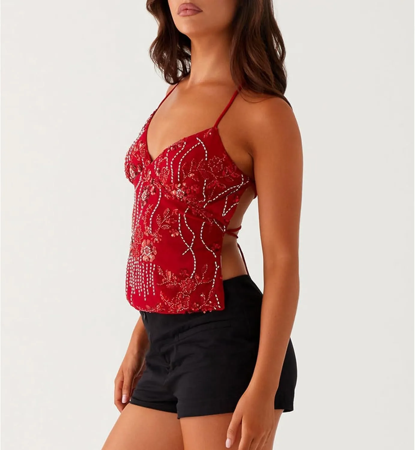 Y2k Summer Sequin Tank Tops for Women Sexy Sparkle V Neck Shirt Backless Halter Low Cut Straps Trendy Going Out Tops