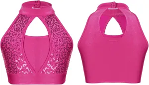 YiZYiF Girls Sequins Dance Crop Tops Cheer Jazz Performance Vest Shirt Sleeveless Camisole Tank Tops Costume