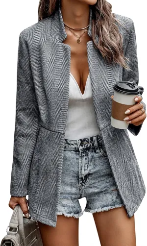Ytfsrukp Womens Coat Casual Open Front Blazer Long Sleeve Stand Collar Solid Trench Business Work Office Jacket Outwear
