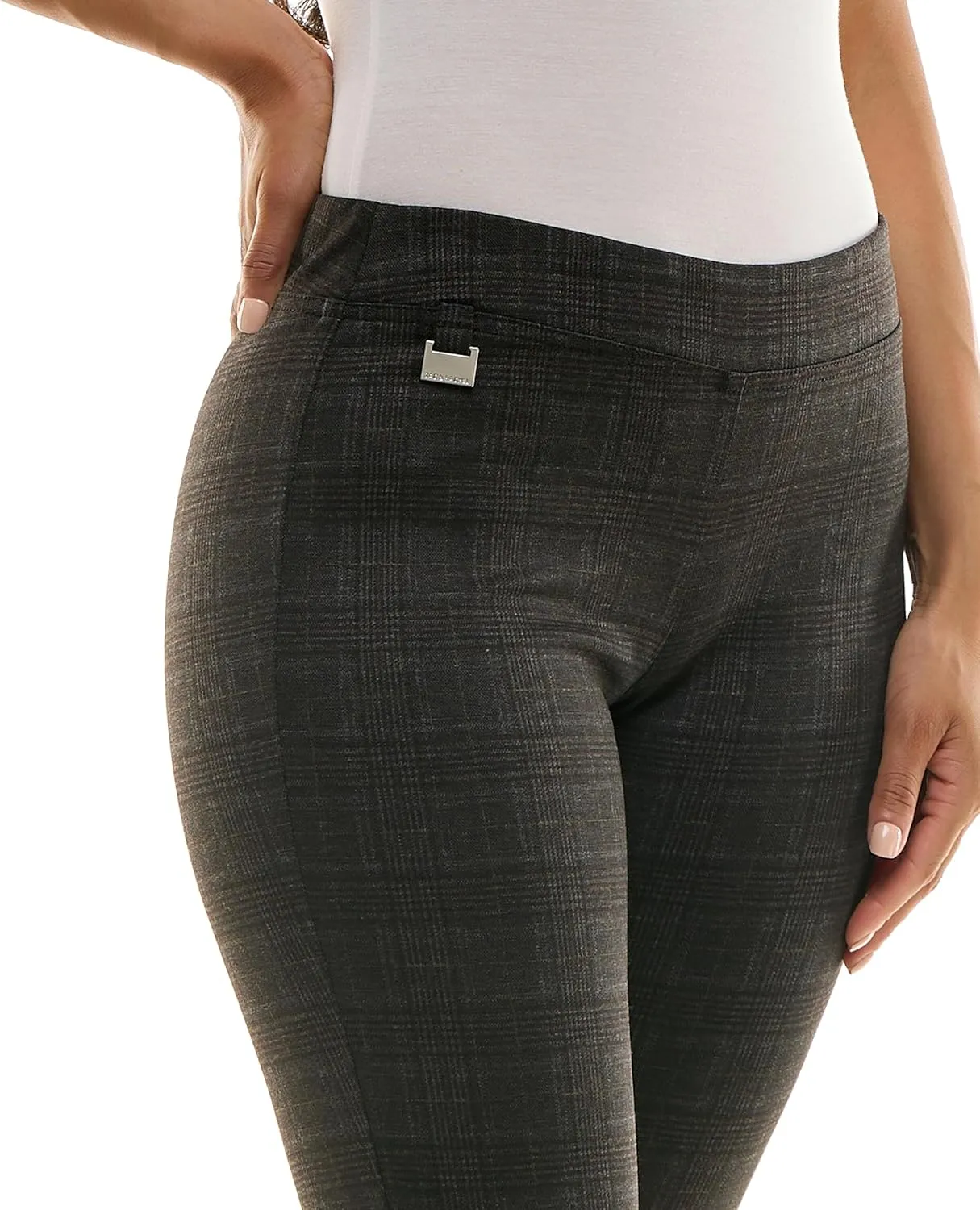 Zac & Rachel Women's Pull on Compression Ponte Legging Pant with Metal Tab Detail