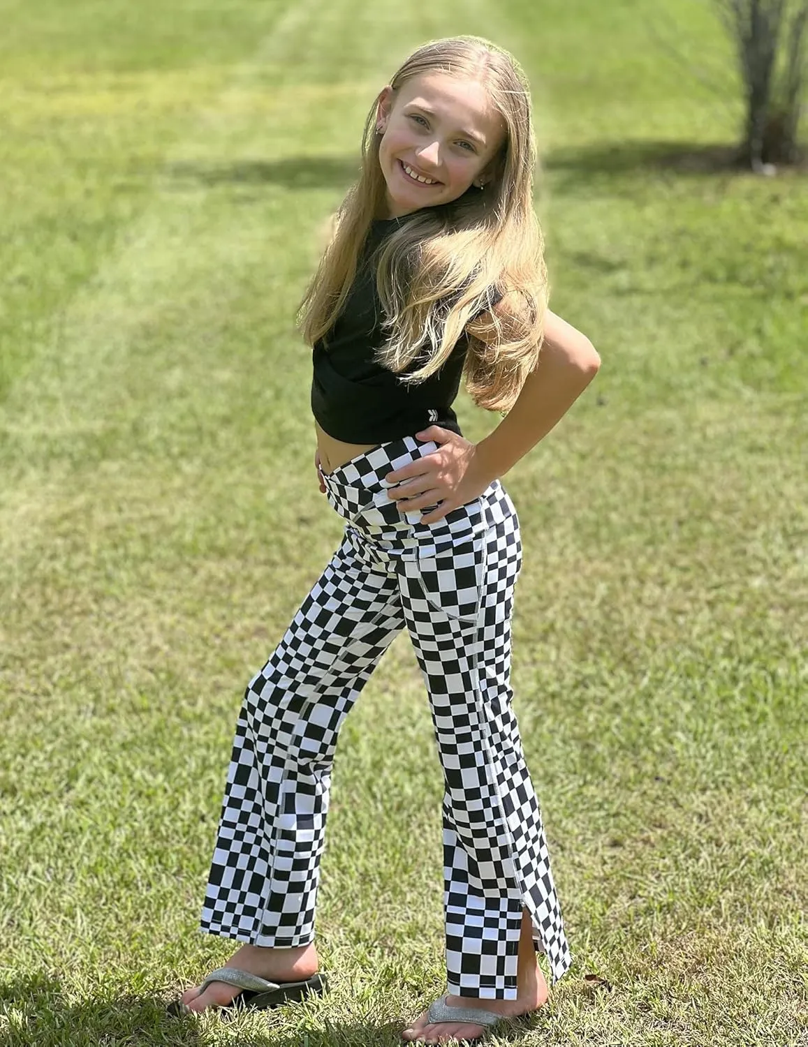 Zaclotre Girls' Flare Leggings with Split Hem Cross High Waist Yoga Bootcut Athletic Kid Bell Bottom Pants with Pockets
