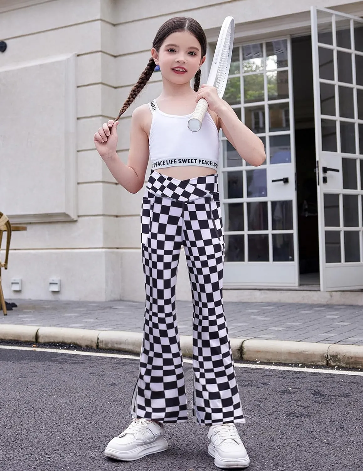 Zaclotre Girls' Flare Leggings with Split Hem Cross High Waist Yoga Bootcut Athletic Kid Bell Bottom Pants with Pockets