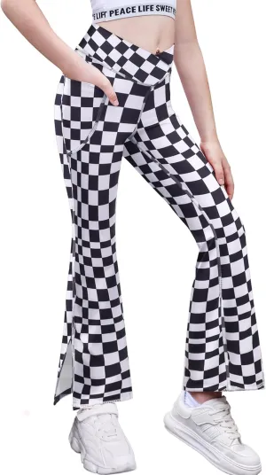 Zaclotre Girls' Flare Leggings with Split Hem Cross High Waist Yoga Bootcut Athletic Kid Bell Bottom Pants with Pockets
