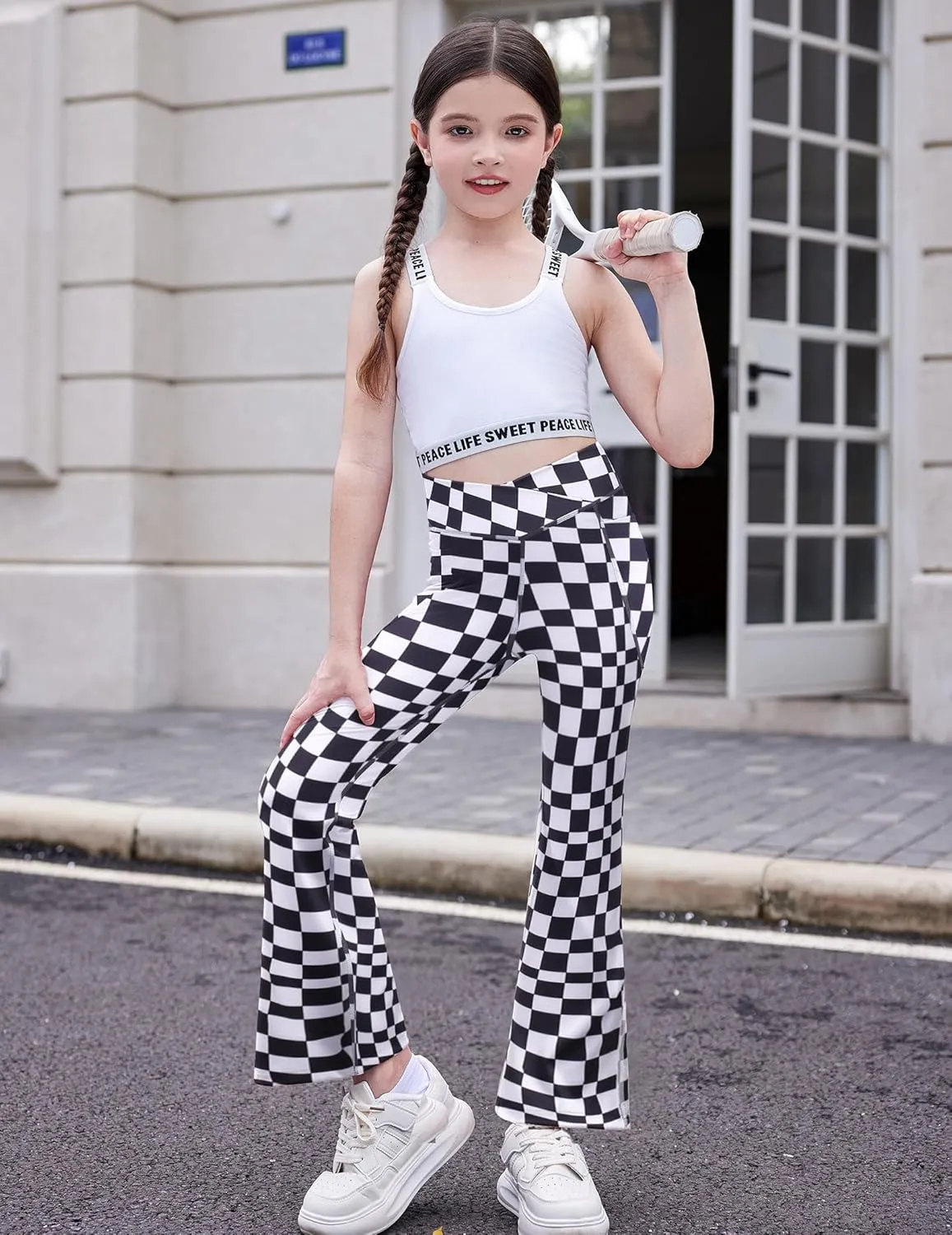 Zaclotre Girls' Flare Leggings with Split Hem Cross High Waist Yoga Bootcut Athletic Kid Bell Bottom Pants with Pockets