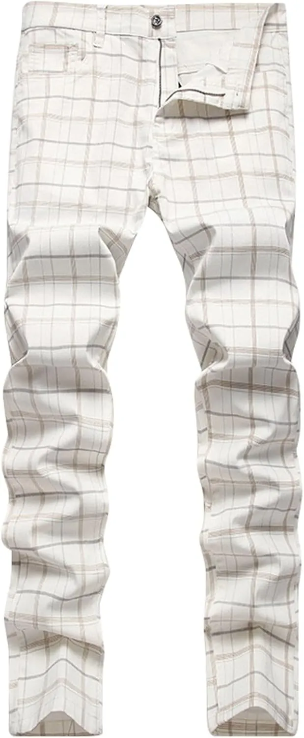 ZYXTIM Men Plaid Jeans,Slim Fit Straight Leg Zipper Fly Check Denim Pants, Big&Tall Casual Smart Chino Trousers Pencil Pants