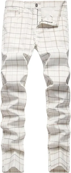 ZYXTIM Men Plaid Jeans,Slim Fit Straight Leg Zipper Fly Check Denim Pants, Big&Tall Casual Smart Chino Trousers Pencil Pants