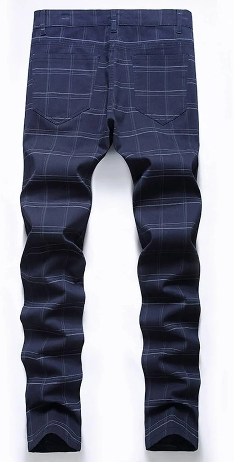 ZYXTIM Men Plaid Jeans,Slim Fit Straight Leg Zipper Fly Check Denim Pants, Big&Tall Casual Smart Chino Trousers Pencil Pants