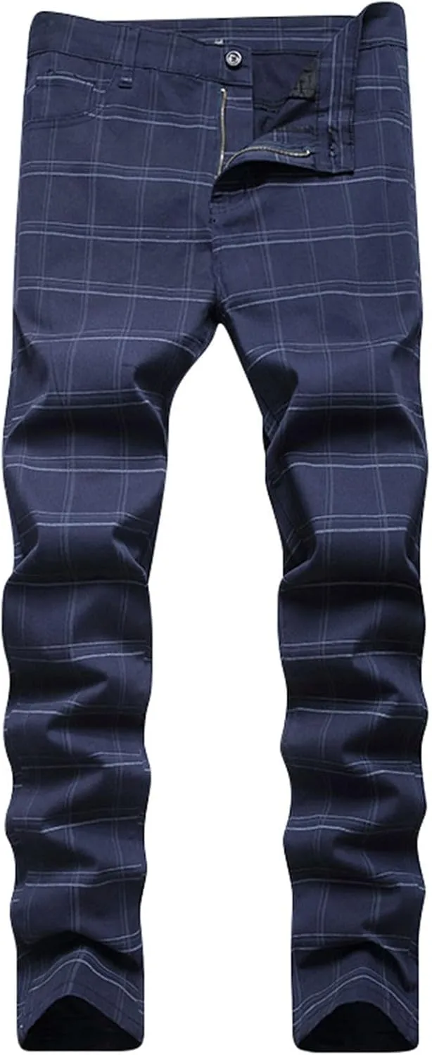 ZYXTIM Men Plaid Jeans,Slim Fit Straight Leg Zipper Fly Check Denim Pants, Big&Tall Casual Smart Chino Trousers Pencil Pants